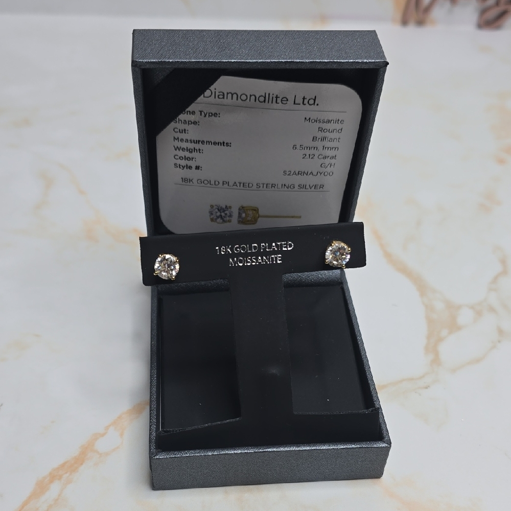 18K Gold Plated Moissanite Earrings 12 Carat New In Box